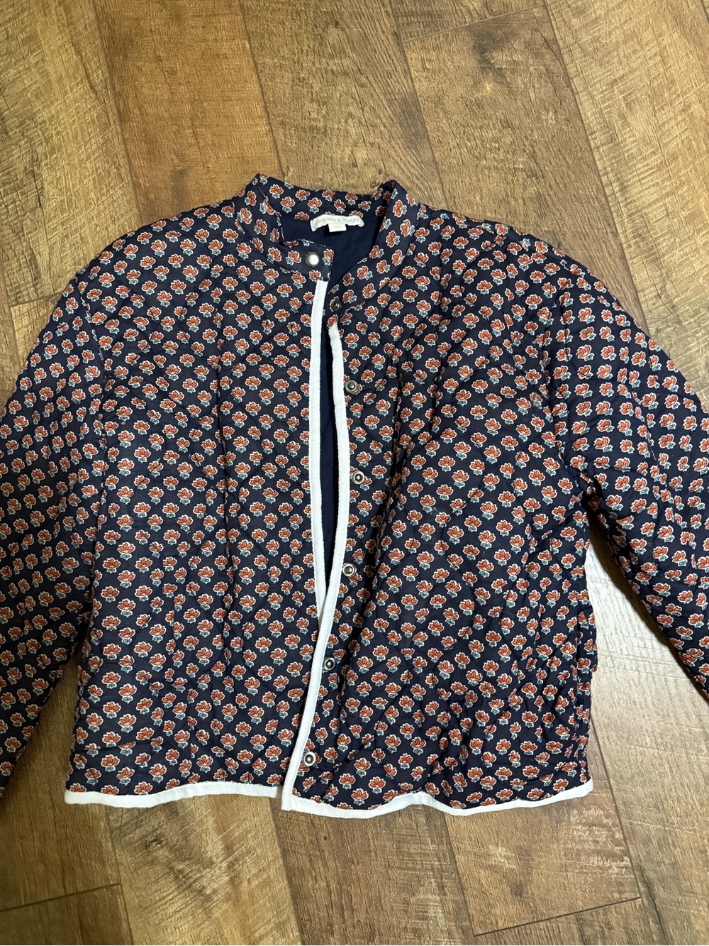 Navy Floral Quilted Jacket with White Trim
